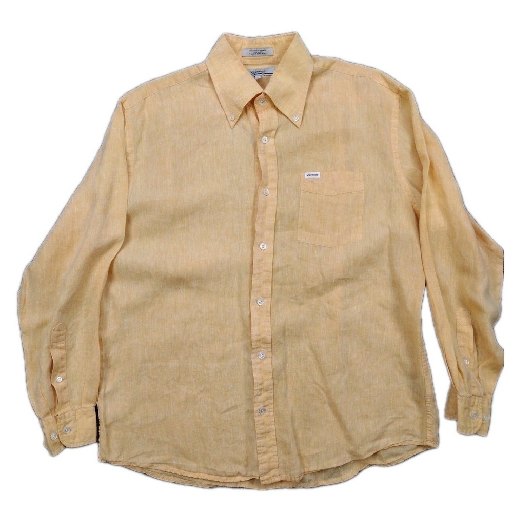 Faconnable Tangerine 100% linen shirt, long sleeve button front, size Large VTG